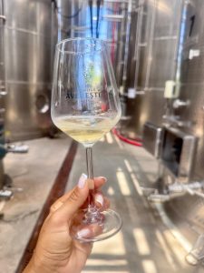 Pahar de Sauvignon Blanc Domeniile Averești, ținut &icirc;n m&acirc;nă &icirc;n interiorul cramei, &icirc;nconjurat de tancuri din inox pentru vinificație.