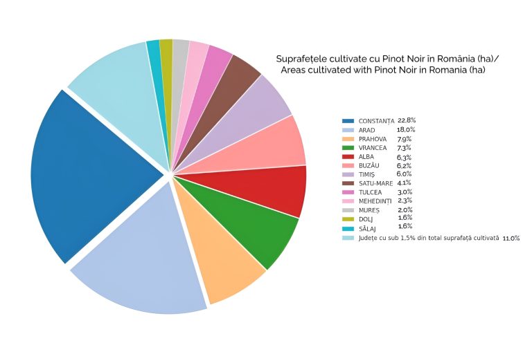 Diagramă circulară care arată suprafețele cultivate cu Pinot Noir &icirc;n Rom&acirc;nia pe județe &ndash; Constanța 22,8%, Arad 18%, Prahova 7,9%, Vrancea 7,3% etc.