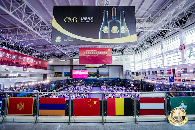 Vedere panoramică a sălii Concours Mondial de Bruxelles, cu bannere oficiale și stegulețe internaționale.