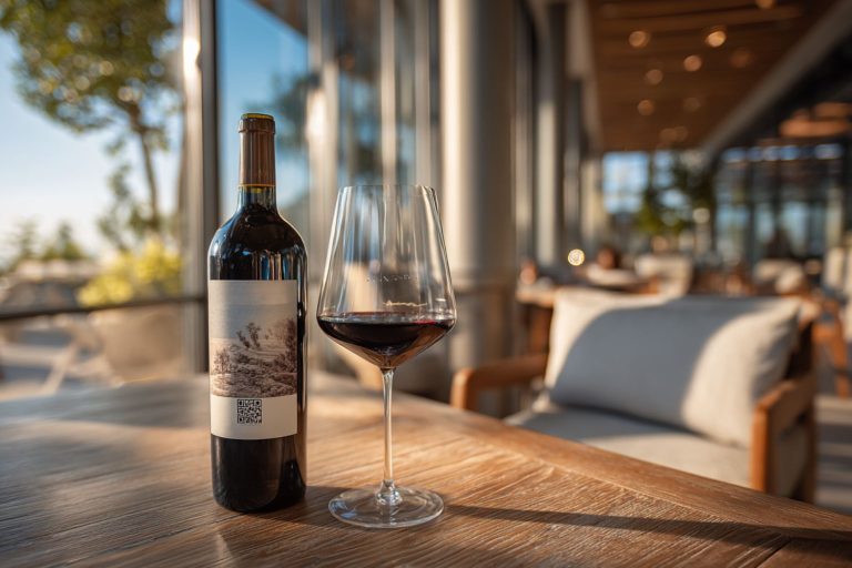 Sticlă de vin roșu cu etichetă modernă și cod QR, alături de un pahar plin, pe o masă &icirc;ntr-un spațiu elegant.