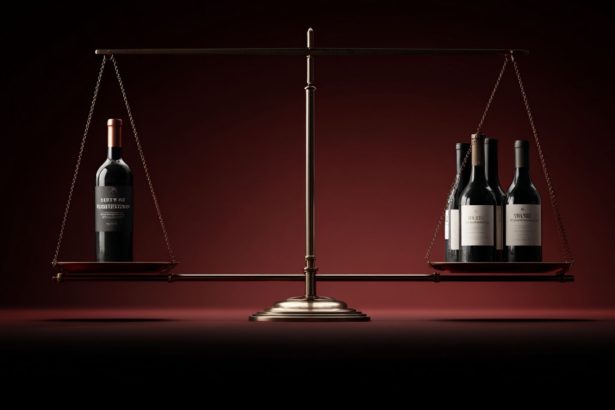 Greutatea sticlei de vin ilustrată prin balanță – o sticlă grea vs. mai multe sticle ușoare
