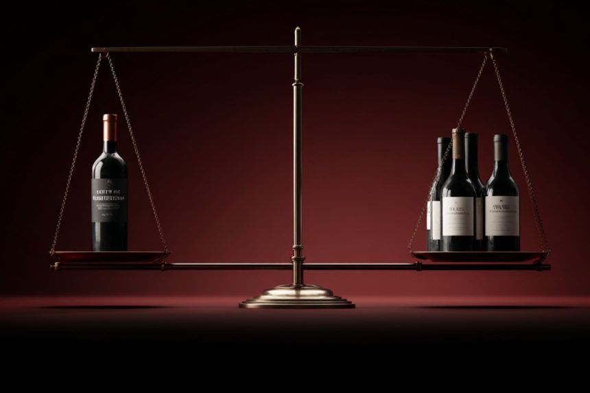 Greutatea sticlei de vin ilustrată prin balanță – o sticlă grea vs. mai multe sticle ușoare