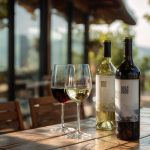 Două sticle de vin cu etichete electronice și pahare de vin alb și roșu pe o terasă, la apus.