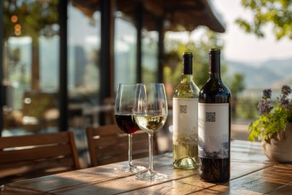 Două sticle de vin cu etichete electronice și pahare de vin alb și roșu pe o terasă, la apus.