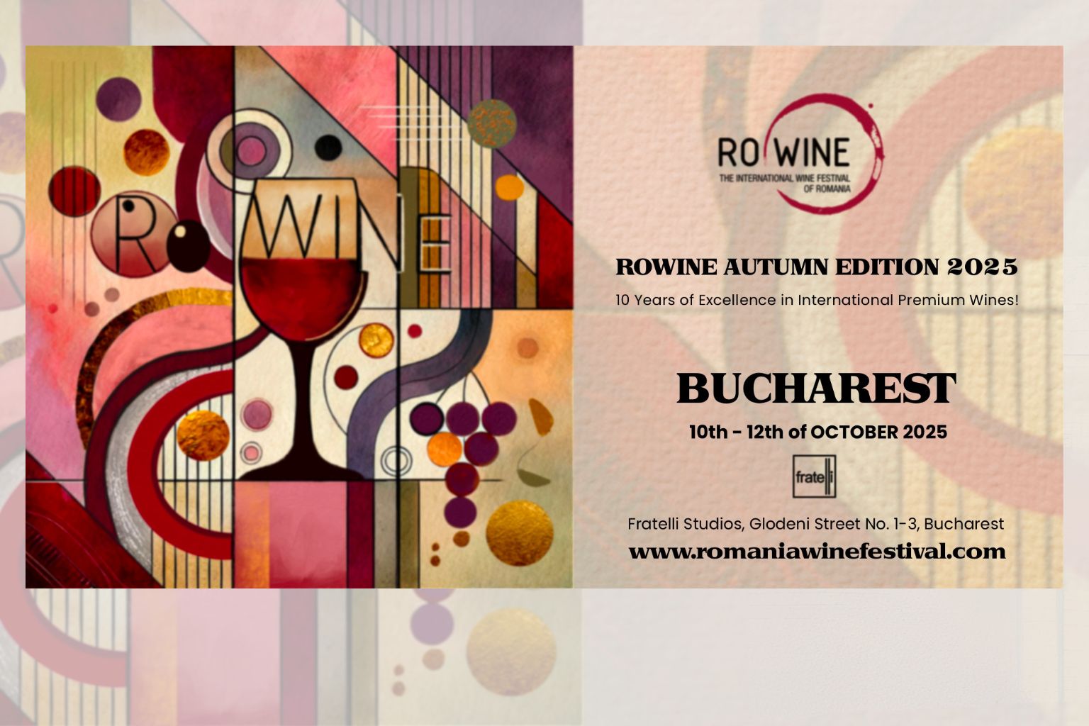 Afiș oficial RO-Wine Autumn Edition 2025, ediția aniversară de 10 ani, București, Fratelli Studios.