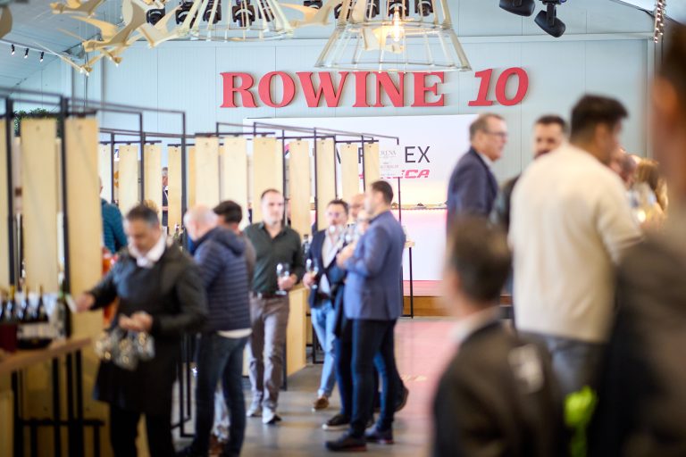 Participanți la RO-Wine 2025 discut&acirc;nd și făc&acirc;nd networking &icirc;n cadrul festivalului, &icirc;ntr-o atmosferă elegantă și prietenoasă.