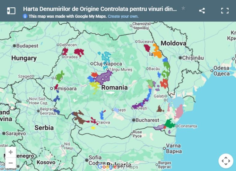 Harta denumirilor de origine controlată (DOC) pentru vinurile din Rom&acirc;nia, cu regiunile viticole colorate pe hartă.
