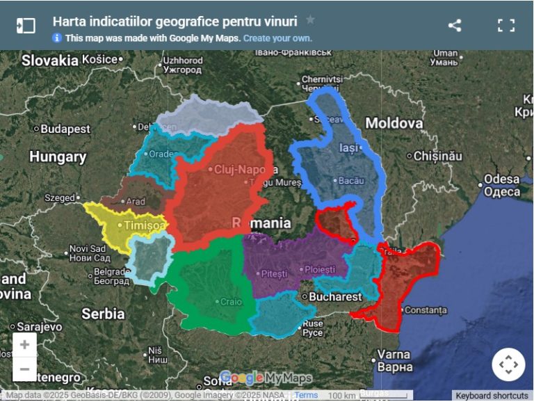 Harta indicațiilor geografice (IG) pentru vinurile din Rom&acirc;nia, cu regiunile viticole delimitate și colorate distinct.
