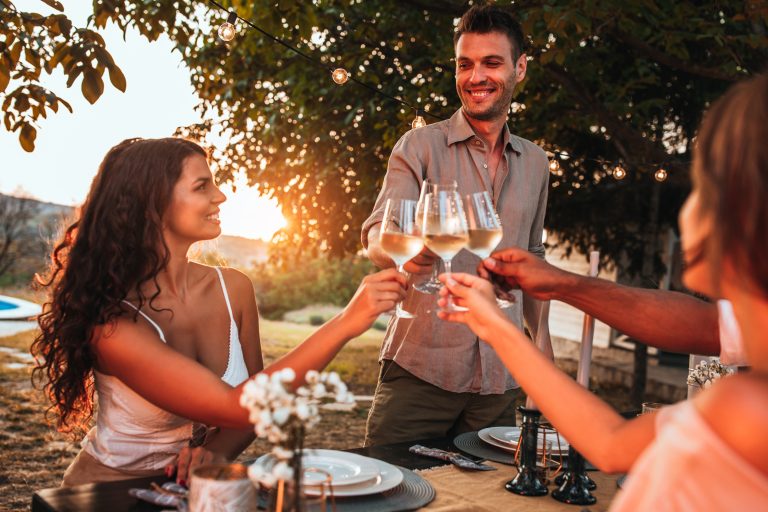 Grup de prieteni ciocnind pahare de vin alb la o cină în aer liber